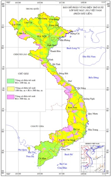 Bản đồ phân vùng điện trở suất lớp đất mặt (R1) Việt Nam (phần đất liền)
